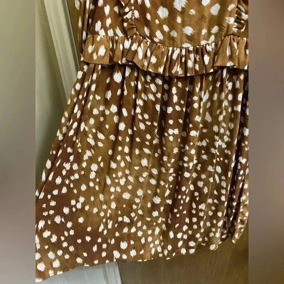 Zara Woman Ruffled Long Sleeve Brown White Polka Dot Animal Print Dress Size XS - Picture 8 of 13